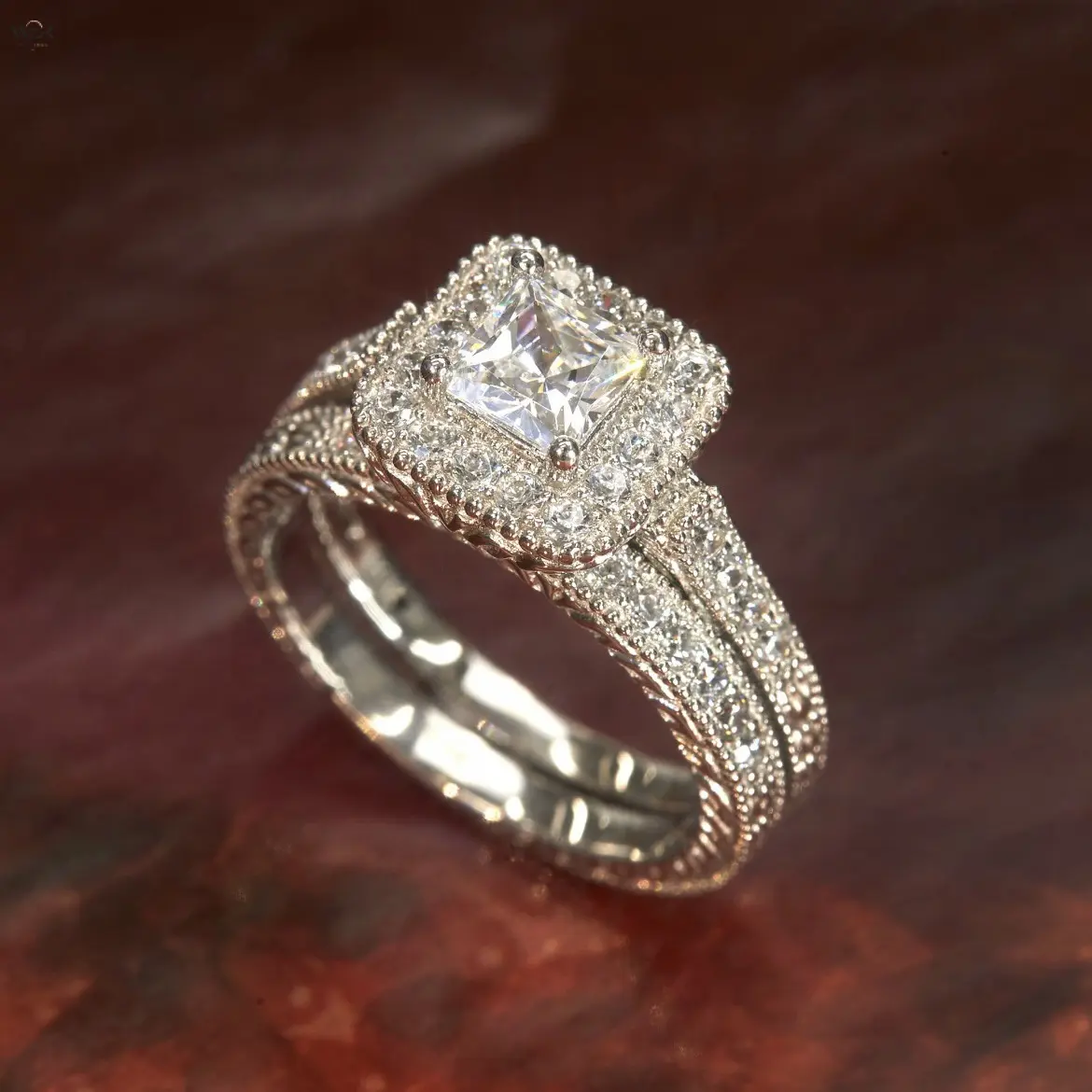 Vintage Princess Cut Halo Wedding Ring Set, 2‑Piece Engagement Bridal Ring Stack, Milgrain Antique Band with Sparkling Cubic Zirconia, Silver‑Tone Promise Jewelry for Women US Size 5‑11