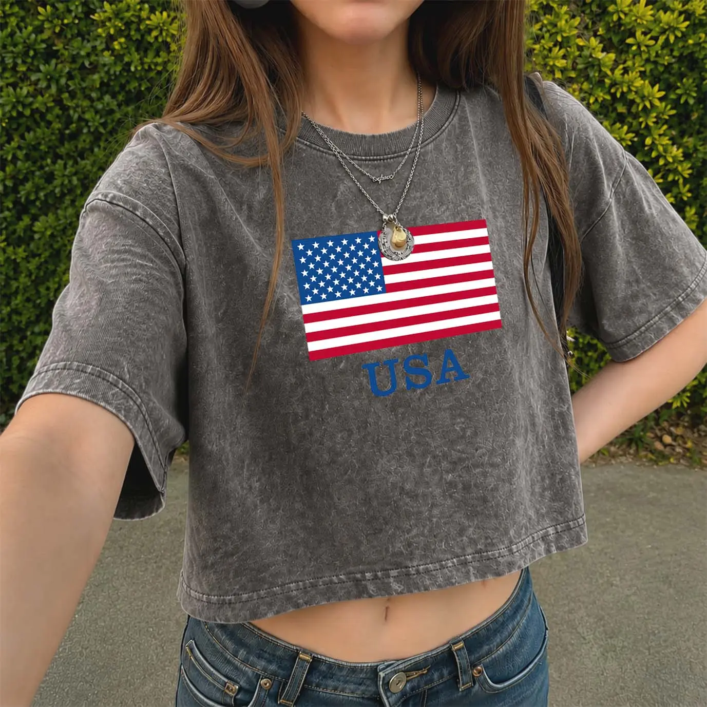 Women's USA Flag Print Lightweight Acid Wash Short-Sleeve Crop Style Tshirt - Solid Vintage Garment Washed Cotton Slim Fit Fabric Top, Soft Breathable Summer Streetwear Basic for Daily & Casual Wear, Crop Style Women's T-Shirts, Lightweight Acid Wash Wome