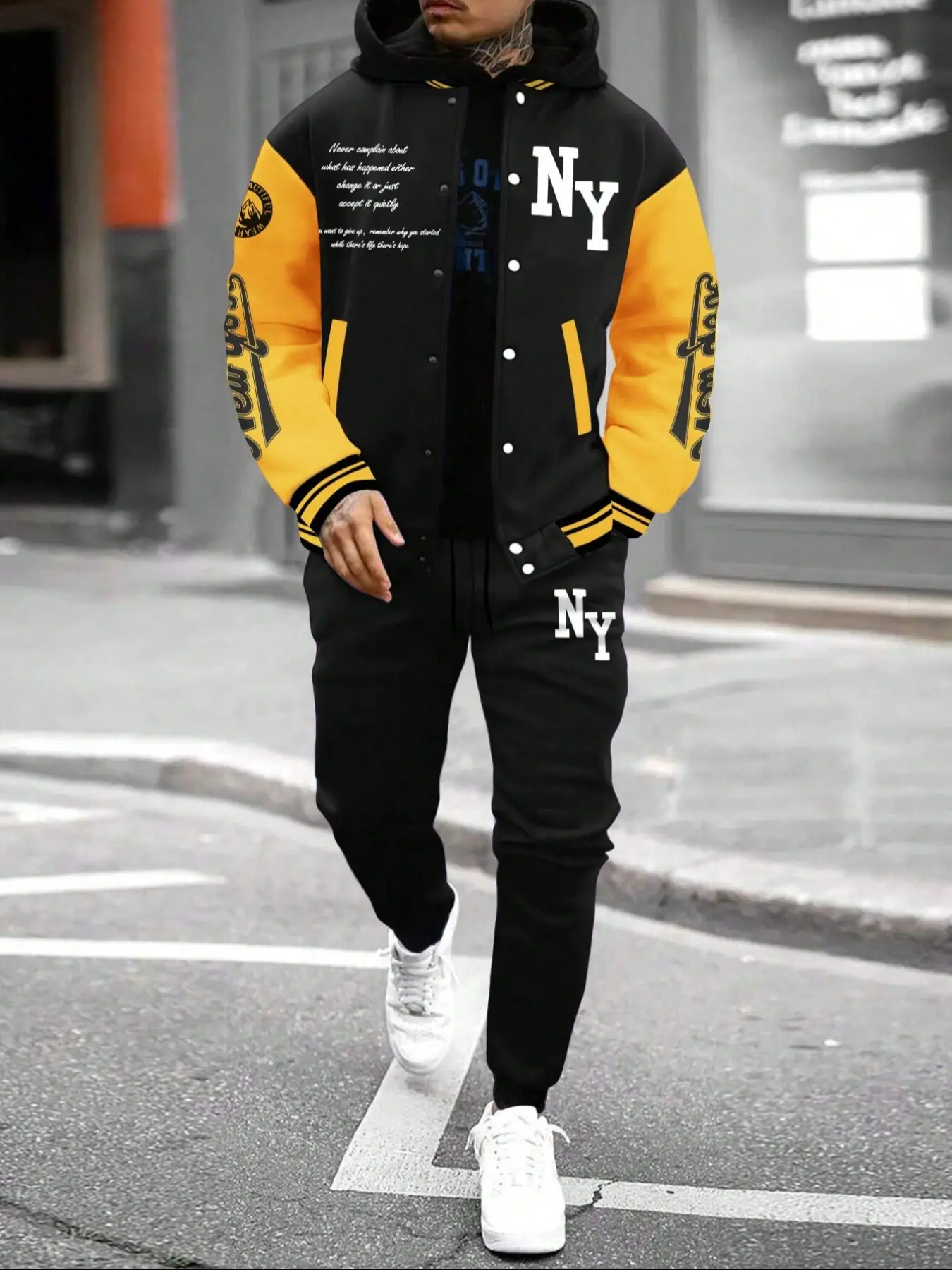 Men's Letter Print Slogan Baseball Jacket & Pants Two-piece Set, Streetwear Set, Loose Casual Long Sleeve Baseball Collar Outerwear & Trousers for Daily Wear, Men's Two-piece Outfits for Fall & Winter