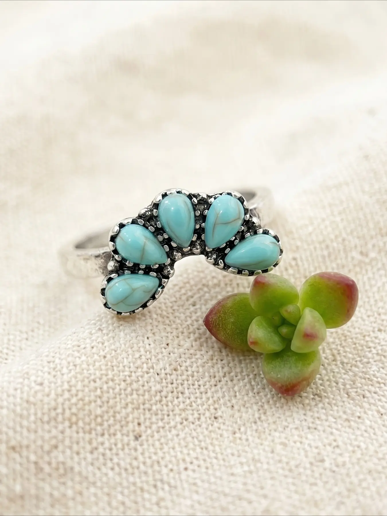Handmade Native American Style Five Pear Shape Turquoise Cluster Oxidized Silver Ring Vintage Bohemian Chunky Finger Rings