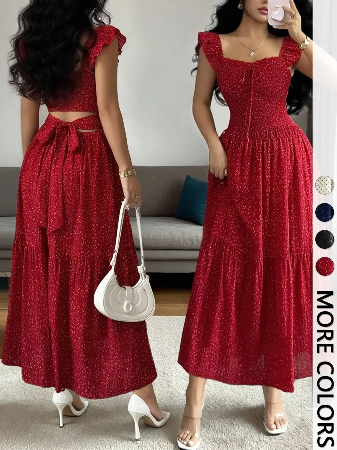 1 Piece Spring & Summer Ruffled Square Neck Polka Dot Maxi Dress , Back Tie Design Retro Sweet Style for Date Nights, Vacation and Beach Party Dress,Waist-Cinching Slimming Romantic Girl Style for Parties and Daily Outings, Casual Wear