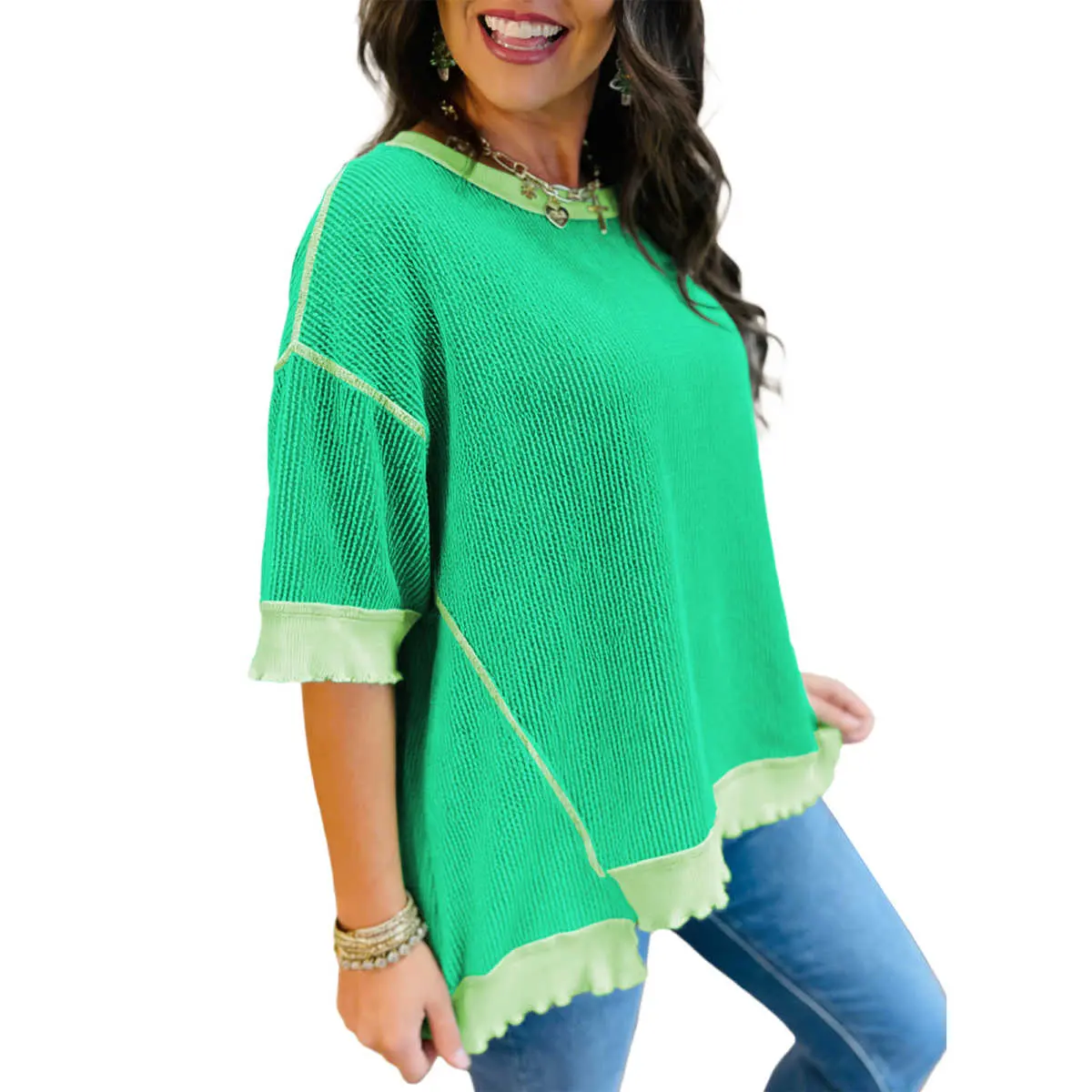 Women's Oversized Ribbed Knit T-Shirt Tops - Lightweight Elastane Polyester Fabric, Breathable, Twist Front, Round Neck, Half Sleeve, Uneven Hem, Patchwork Look, 2026 Trend Summer Casual Tunic Tee, Relaxed Cut, Tunic Length, Drop Shoulder