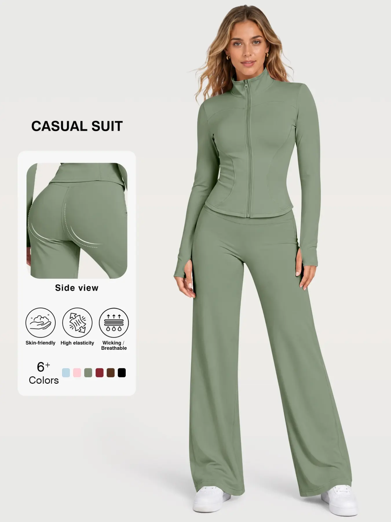 Flexaura Two-Piece Set, High-Waist Wide-Leg Pants & Zipper Jacket, Breathable Sporty, Long Sleeve, All Seasons, Yoga & Gym Wear, Gym Yoga Outfit