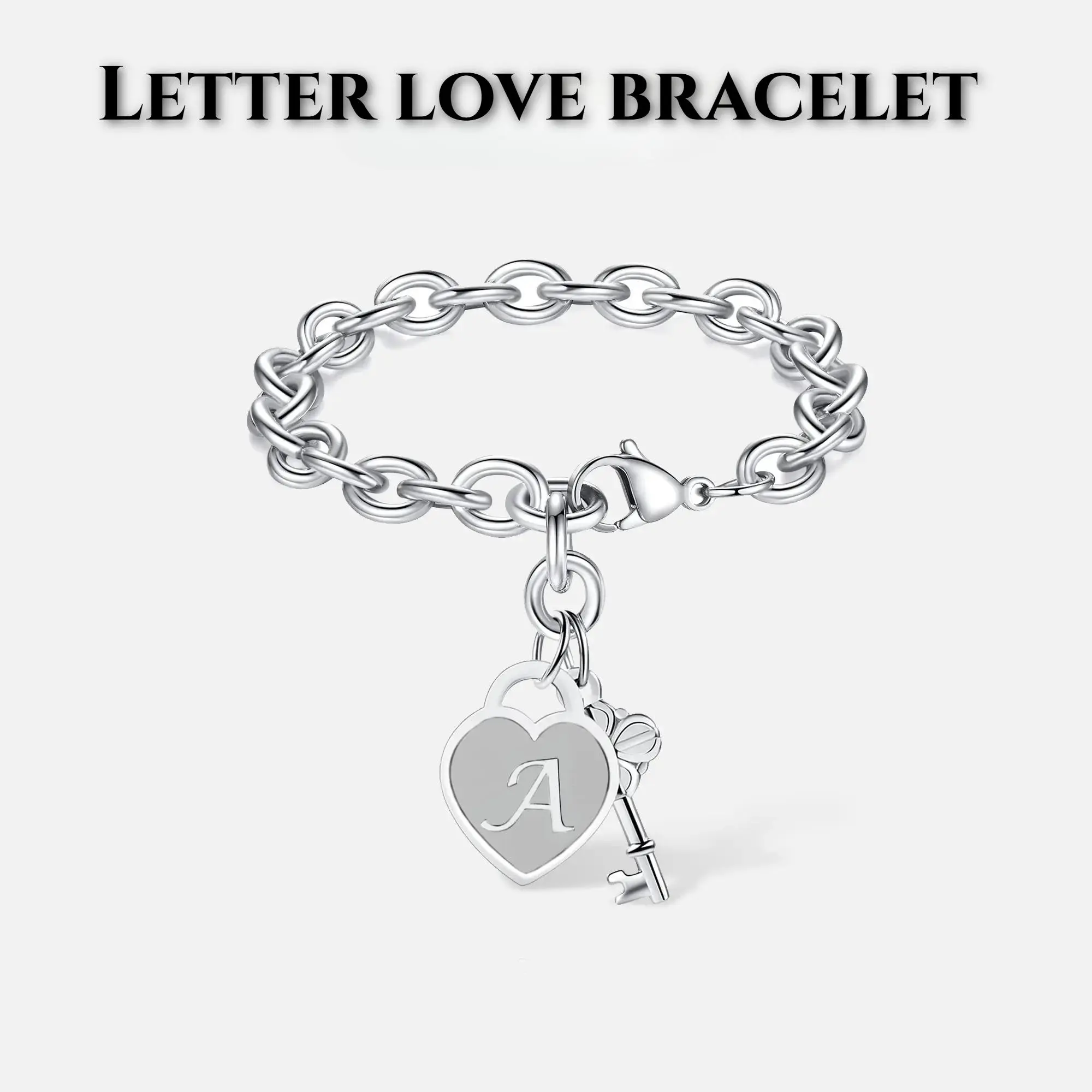 Personalized Initial Heart & Key Charm Bracelet - Adjustable Minimalist Bangle, Unisex, Durable, Lightweight, Perfect for Birthday, Graduation Gifts, Heart Shaped Bracelet