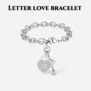 Personalized Initial Heart & Key Charm Bracelet - Adjustable Minimalist Bangle, Unisex, Durable, Lightweight, Perfect for Birthday, Graduation Gifts, Heart Shaped Bracelet