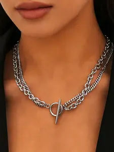 Punk Hip Hop Cuban Chain Necklace, Stainless Steel Jewelry Unisex, Double Layer OT Buckle, Fashion Accessory for Men and Women