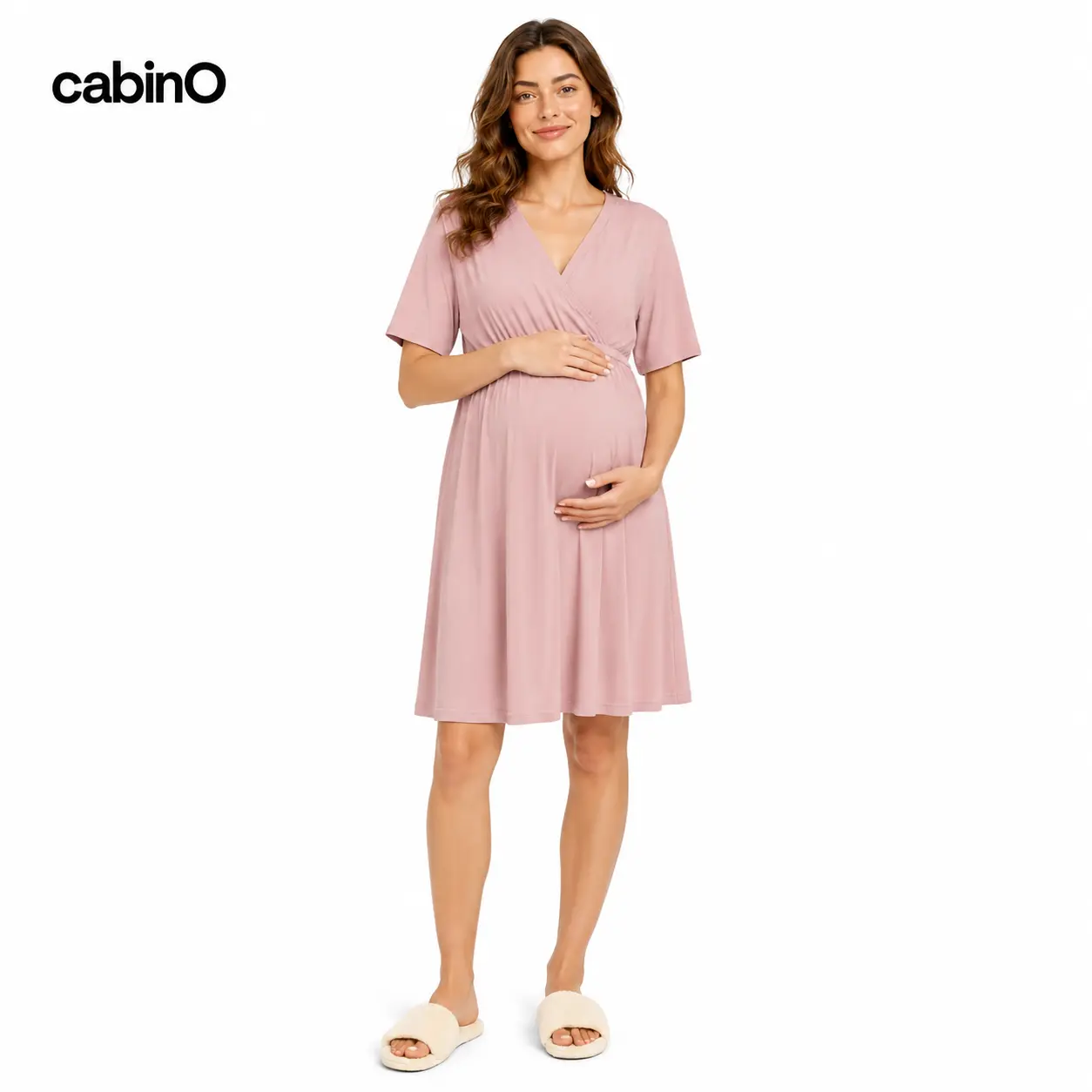 Cabino Women’s Pink Maternity Labor and Delivery Gown, Short-Sleeve V-Neck Nursing Dress with Stretchy Empire Waist and Full Button Back for Pregnancy, Hospital Birth and Postpartum Wear