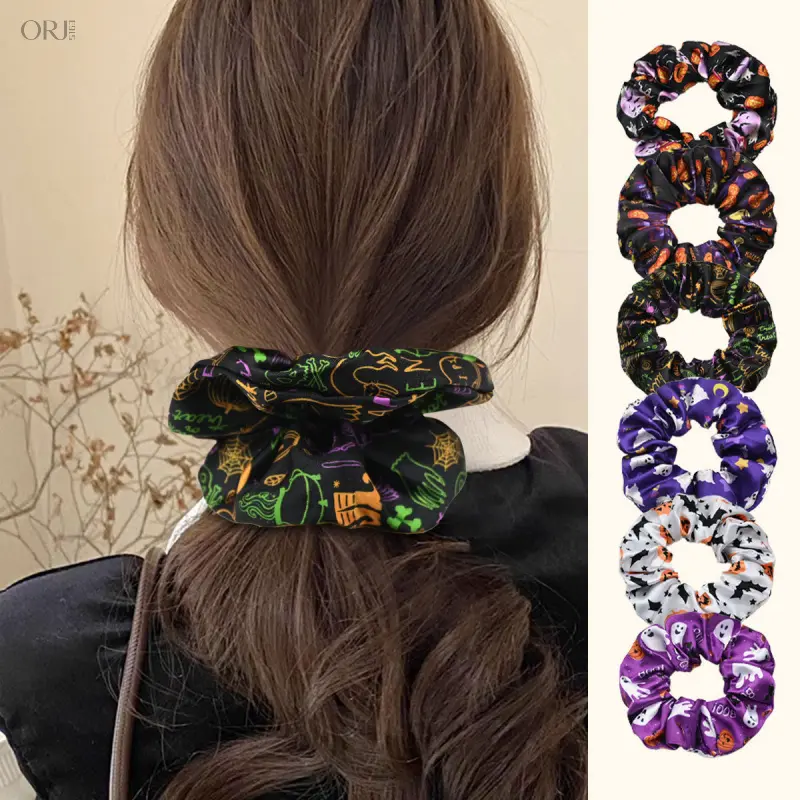 Halloween Scrunchies For Women, High Elastic Hair Ties, Spooky Printed Elastic Ponytail Holders, Fashion Hair Bands, Gothic Holiday Head Accessories For Daily Wear Cosplay Themed Party & Street Photoshoot