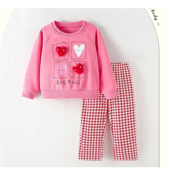 Toddler Cute Heart Long Sleeve Top Gingham Pants Outfit Set