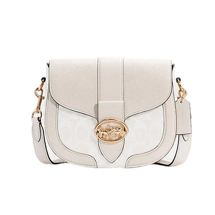 COACH Georgie 21 Saddle Bag for Women – Monogram Canvas and Leather Crossbody, Off-White