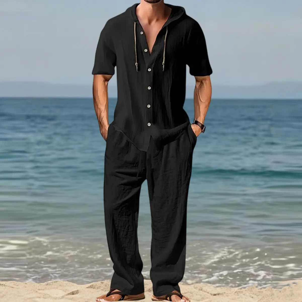 Men's texture hooded two-piece set, short sleeved open button drawstring hooded top, elastic waist loose pants, breathable pleated fabric, casual vacation set, suitable for beach travel and summer leisure travel.