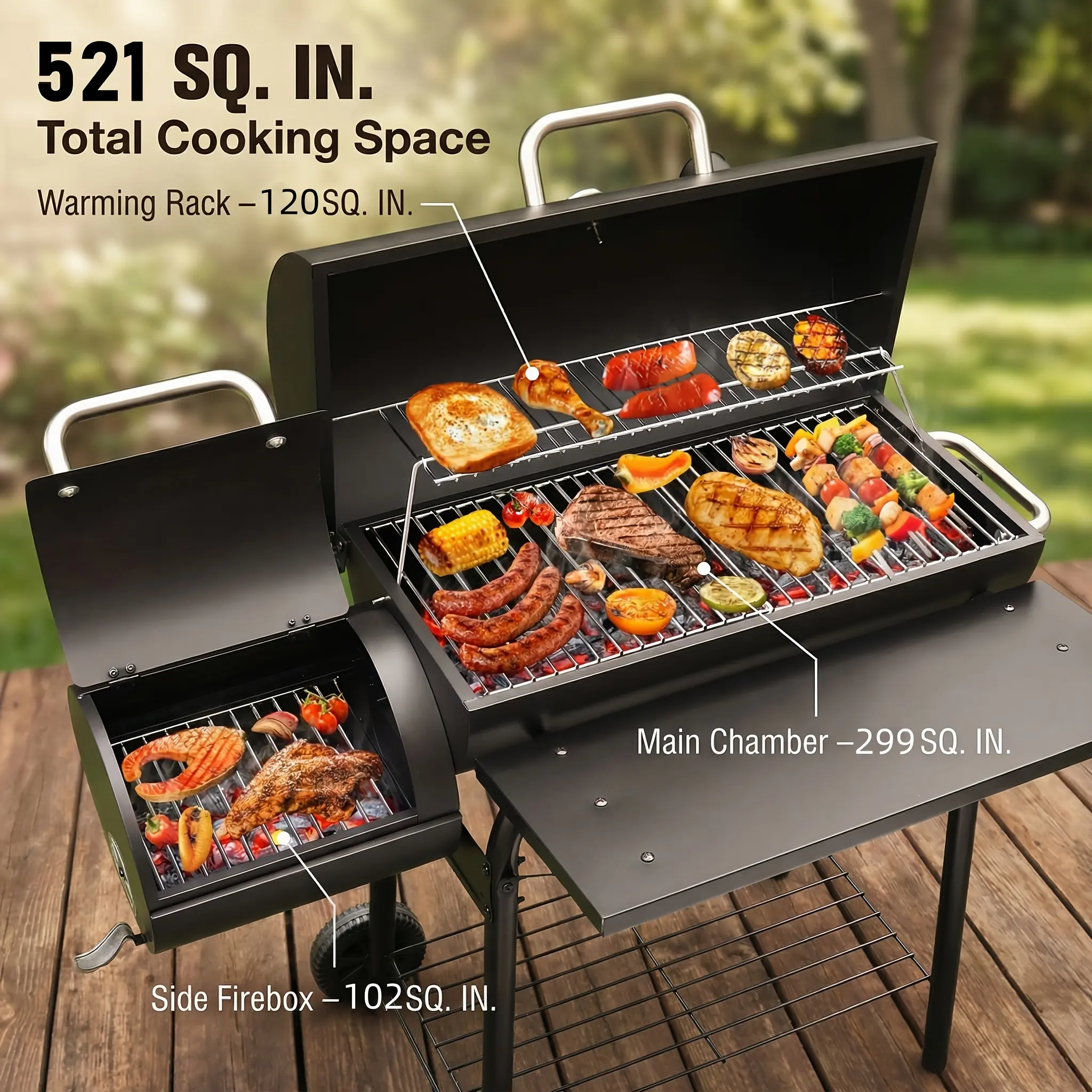 Charcoal Grill with Warming Rack & Side Shelf, Portable Outdoor BBQ Grill with Wheels for Backyard Patio, Compact Offset Smoker Charcoal Grill Combo, Camping Essential