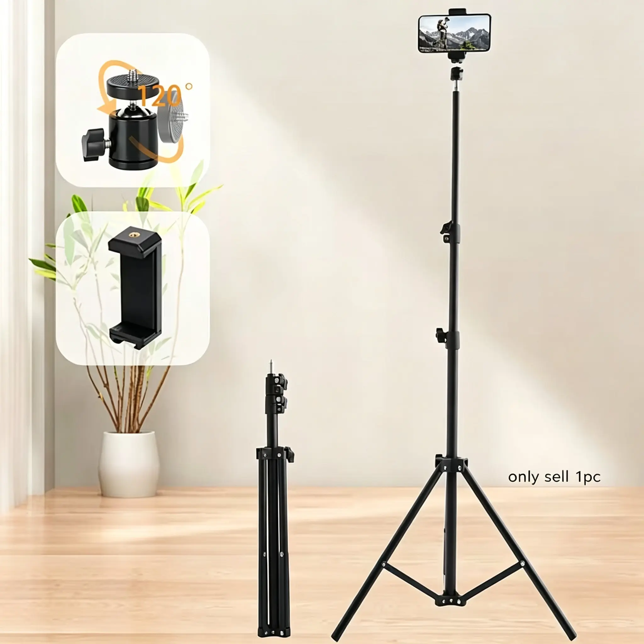 Portable 1.6m Camera Tripod Kit, Adjustable Height, Foldable Design, Stable Base, 360° Ball Head, Phone Holder, for Phones, Dslr, Action Cameras, Height Adjustable Stand, Convenient Tripod