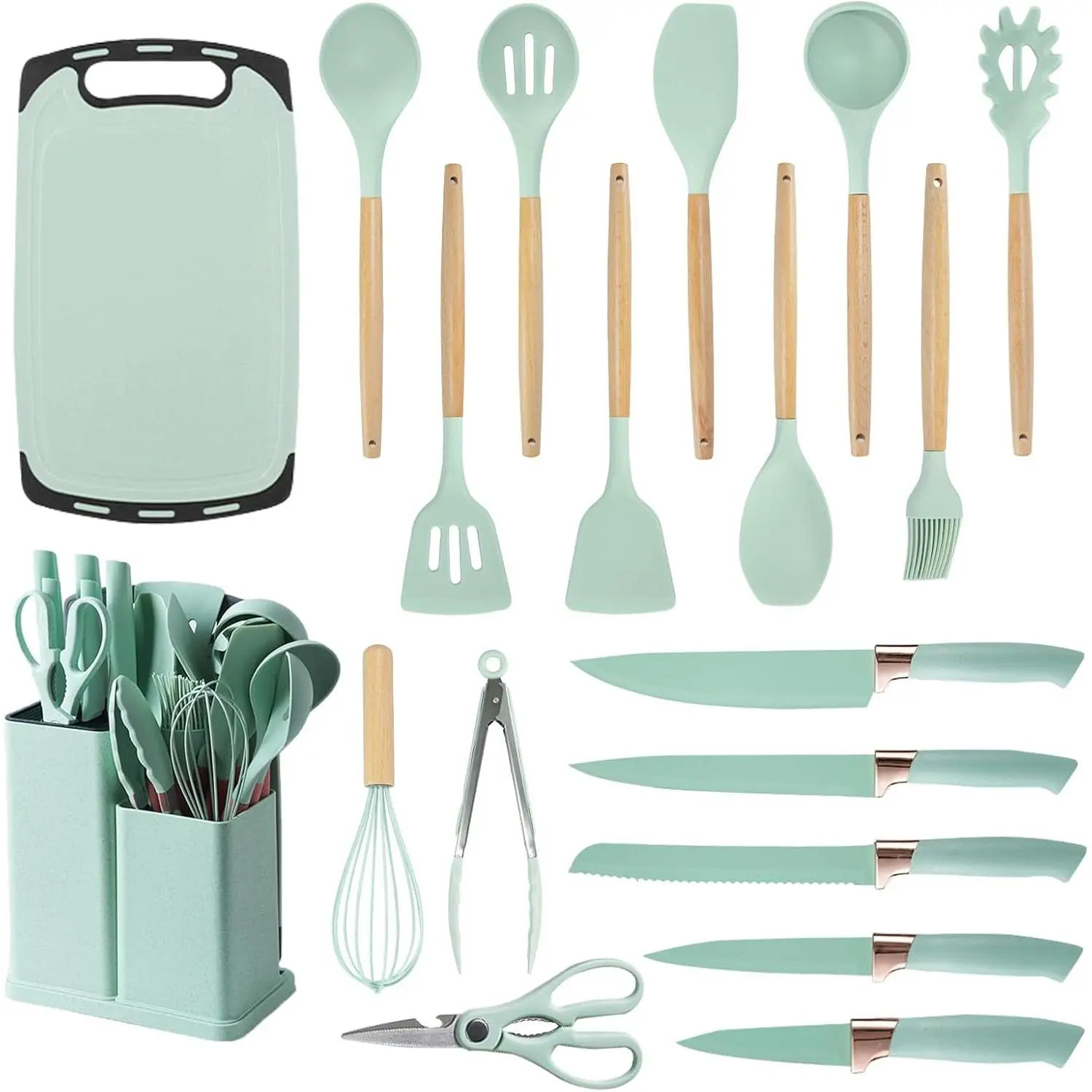 Cooking Kitchen Utensils Light Green 19 Pcs Set - BPA Free Daily Use Kit with 11 Spatulas, 6 Sharp Knives, Silicone Utensils, and Cutting Board