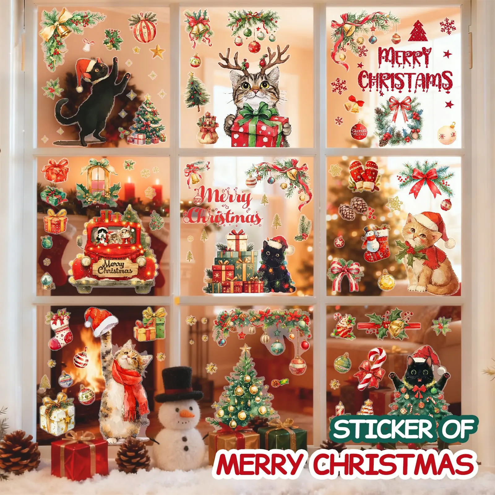 Christmas Static Cling Stickers Set, 9 Sheets 11.81x7.87 Inch, Pre-Cut Removable Holiday Window Decorations, No Residue