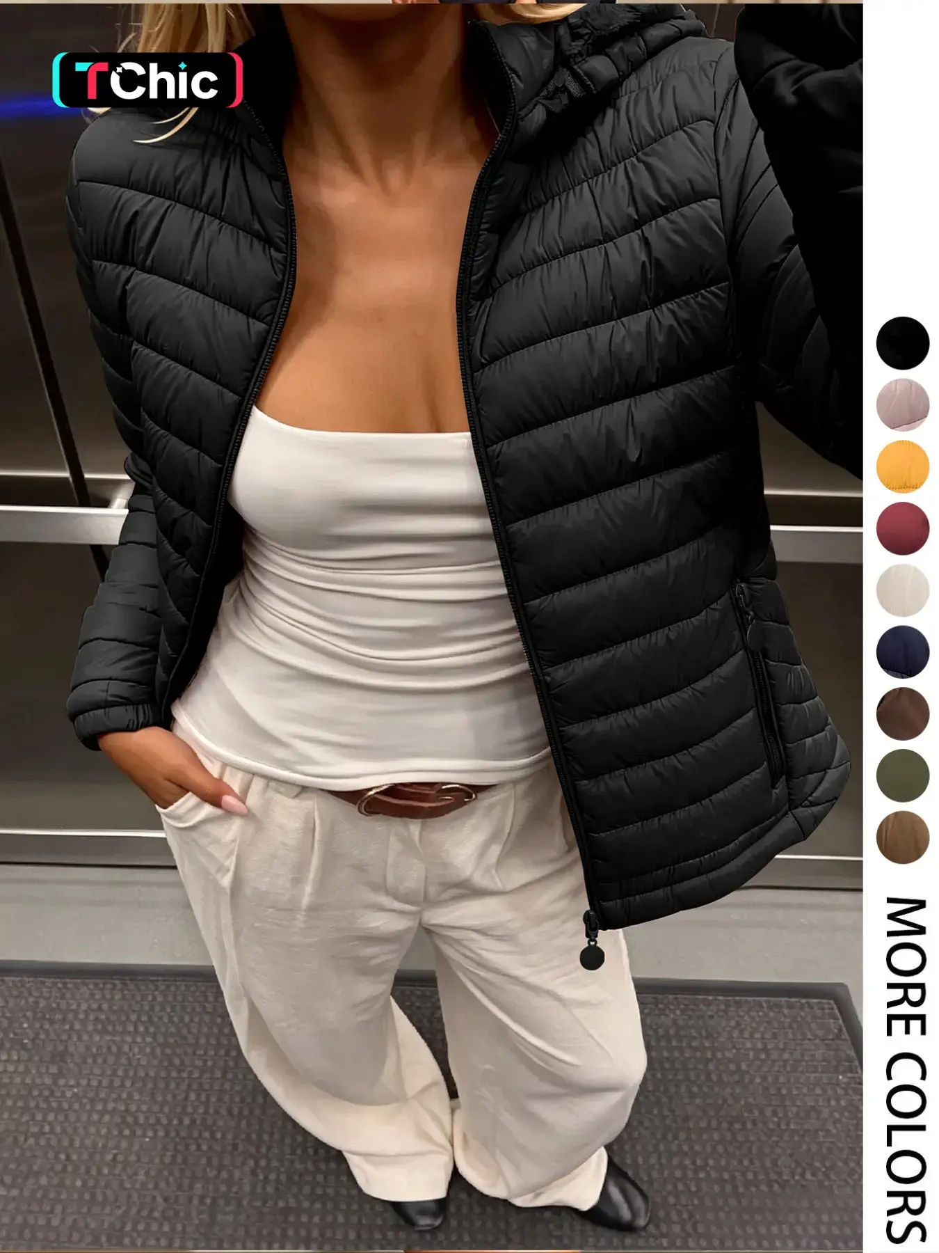 Women's Winter Cotton Jacket, Casual Fitted Hooded Coat with Pockets, Warm Lightweight Commuter Outerwear for Fall & Winter