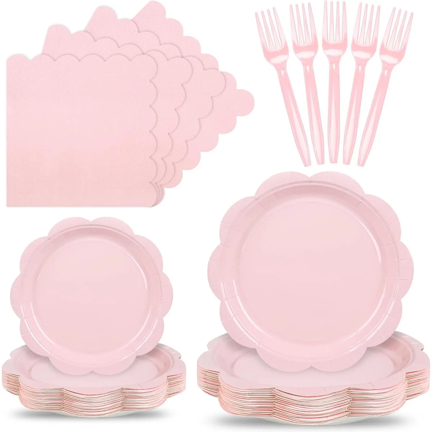 96 Pcs Pink Paper Plates and Napkins Set Party Supplies, Tableware set for 24 Guest include Disposable Pink Scalloped Plates, Napkins and Forks for Baby Shower Bridal Shower Wedding Birthday