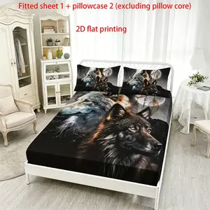 3PCS Night Double Wolf Catching Dream Net Pattern Printed Bed Sheet Three Piece Set, Theme Bedding Set, 100% polyester - Bedding Sheets suitable for all seasons, ideal for bedroom, dormitory, hotel decoration Bedding Sets