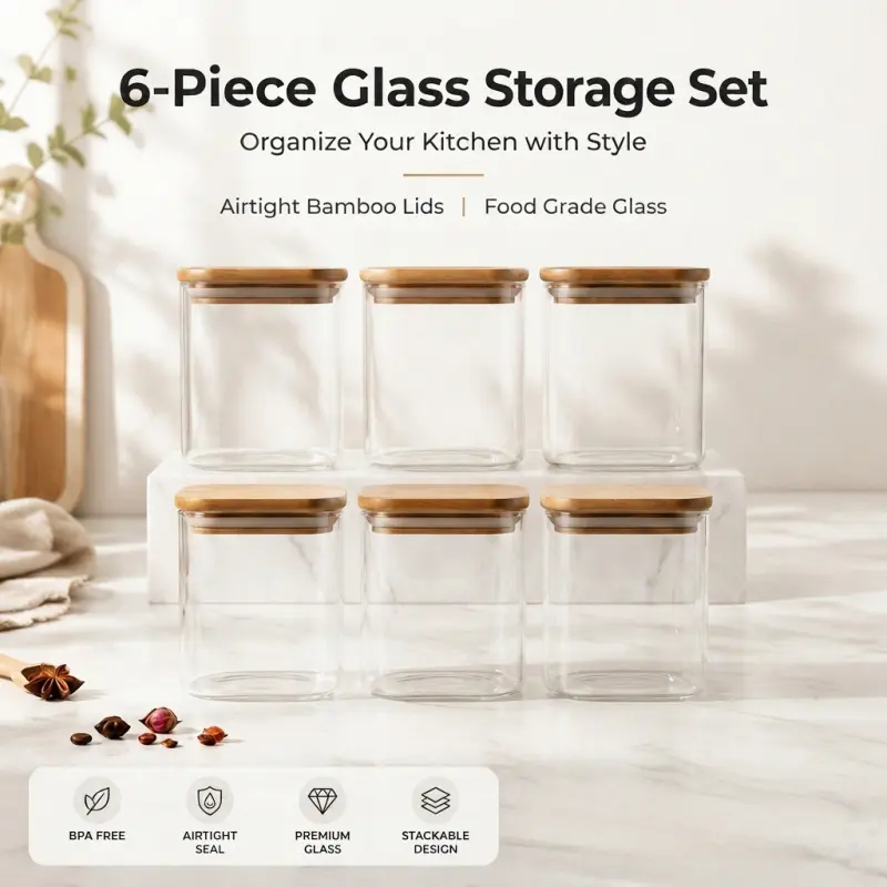 6-Piece Airtight Leak Proof Glass Storage Jars with Bamboo Lids, Food Grade Stackable Containers for Kitchen Pantry Organization, BPA-Free Canisters for Coffee, Sugar, Flour, Spices