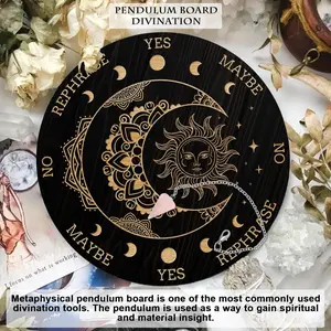 Pendulum Board Set, Wooden Dowsing Divination Board Metaphysical Message Board with Crystal Pendulum Necklace for Witchcraft Wiccan Altar Supplies Kit, Moon& Sun Decoration