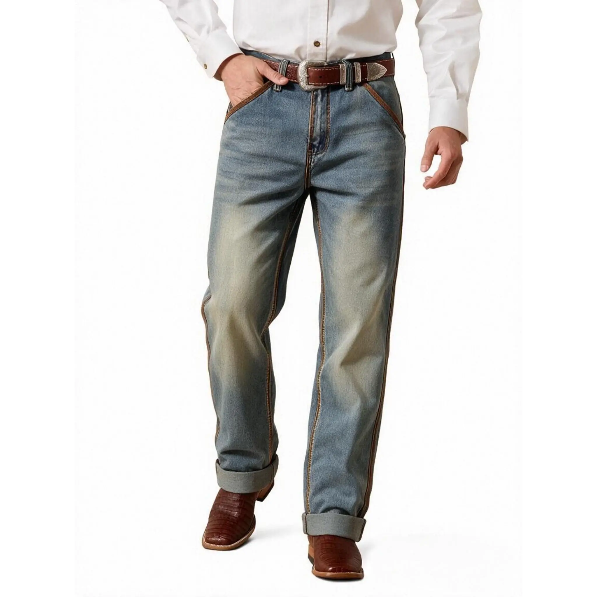Western Cowboy Straight Leg Jeans for Men, Cotton Blend Retro Faded Denim Pants with Contrast Side Stitching, Country Riding Casual Workwear Denim Trousers