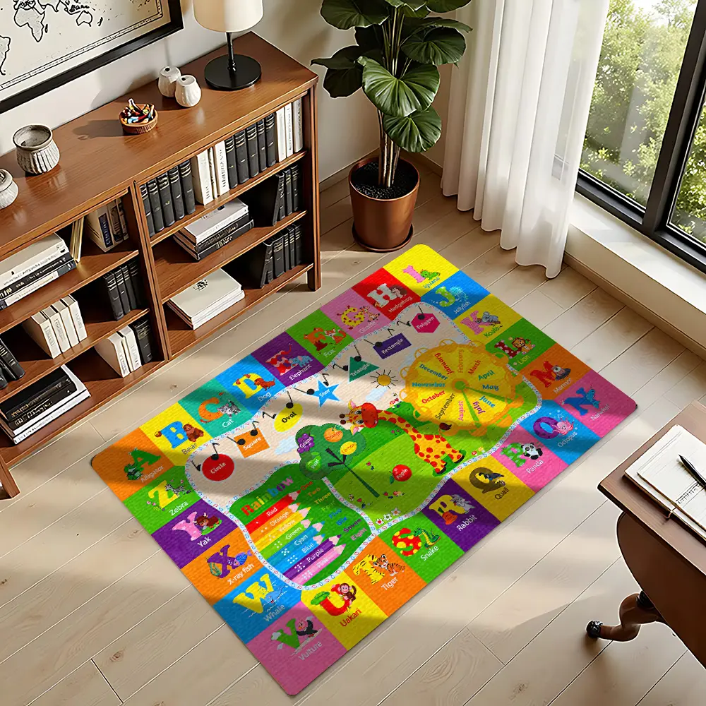 Bright‑Colored ABC Cartoon Animal Educational Flannel Play Rug #CartoonAnimalABCPlayRug #ColorBlockToddlerLearningMat #FlannelCarpet #KidsPlayroomDecor