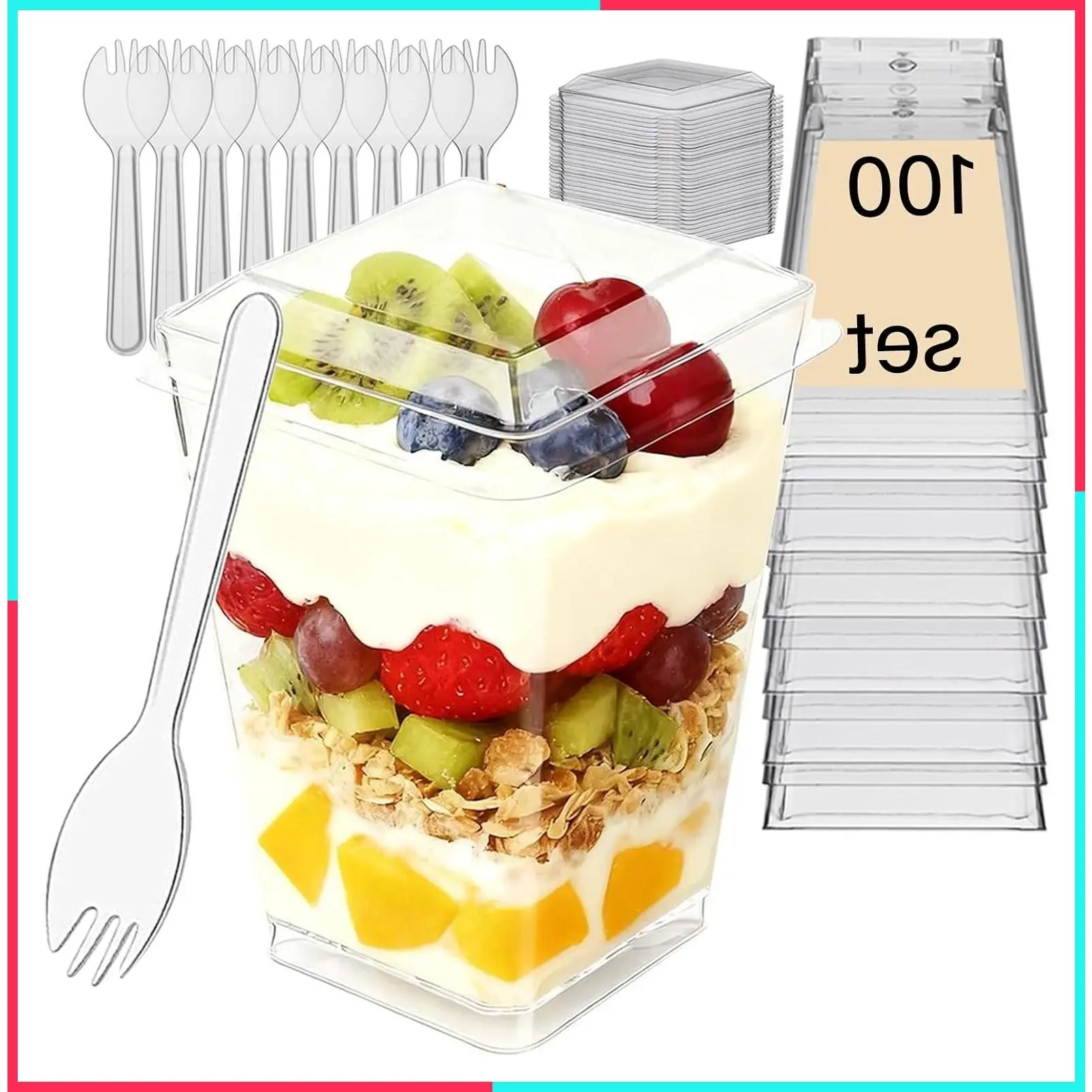 300 Pack Clear Dessert Cups with Lids and Spoons, 5.4oz Reusable Square Mini Parfait Cups for Party Appetizers, Christmas