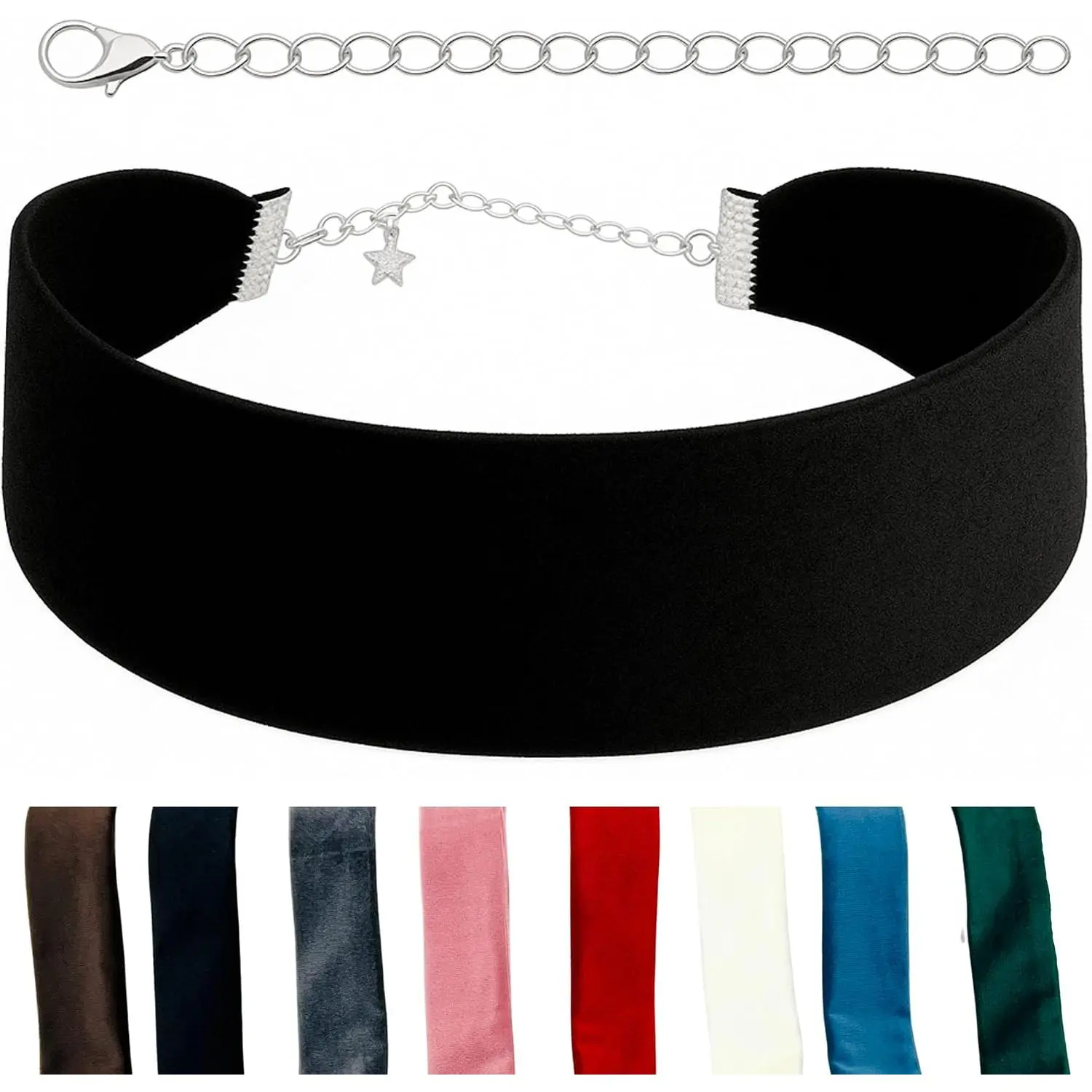 Choker for Women, Wide 1.5" 90s Ribbon Adjustable 12–18" with Stainless Steel Clasp, Soft -Friendly  — Black