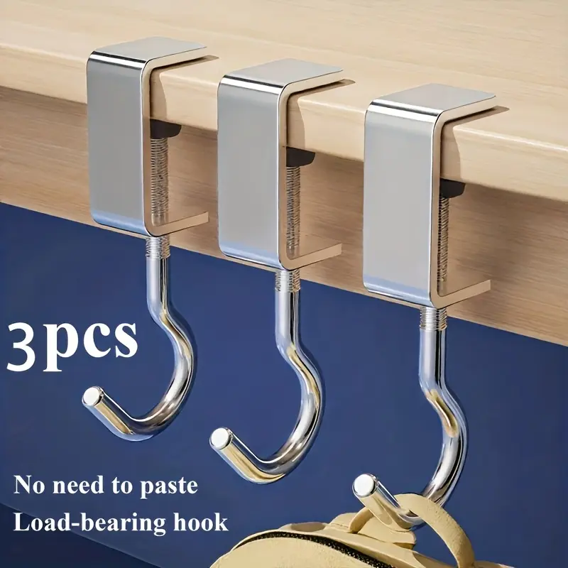 3 Pack Heavy Duty Metal Bag Hooks, Adjustable & Portable No-Drill Hangers for Backpack & Purse Storage on any Table Edge, Perfect for School & Office Use, Desk Storage, Edge Hangers, Load-Bearing Hook, Solid Metal, Table Edge Hang
