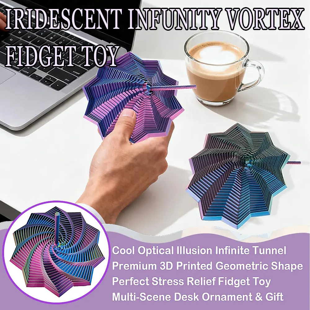 3D rainbow infinite whirlpool toy, 4.6-inch 3D printed octagonal optical illusion rotator, rainbow color-changing infinite tunnel sensory toy decompression desk decoration gift.