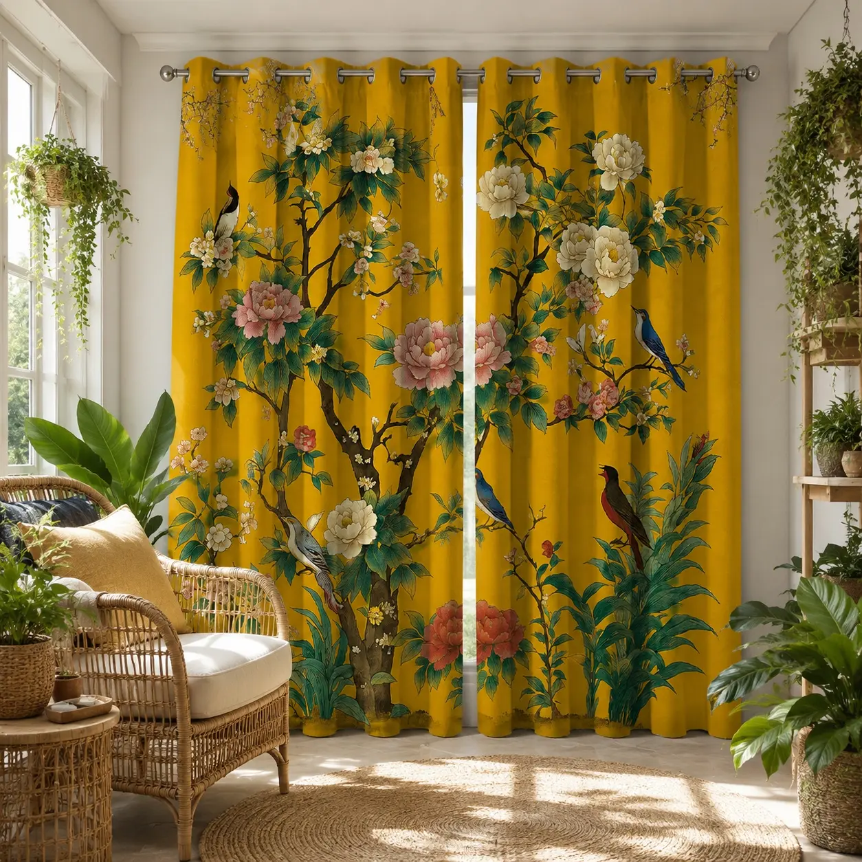 42x84" Chinese Gongbi Birds&Flowers Soft Semi-Sheer Polyester Cafe Curtains - Durable, Dustproof, Fade Resistant, Rod Pocket Spring Drapes, Machine-Washable for Kitchen/Interior Home Windows Decor