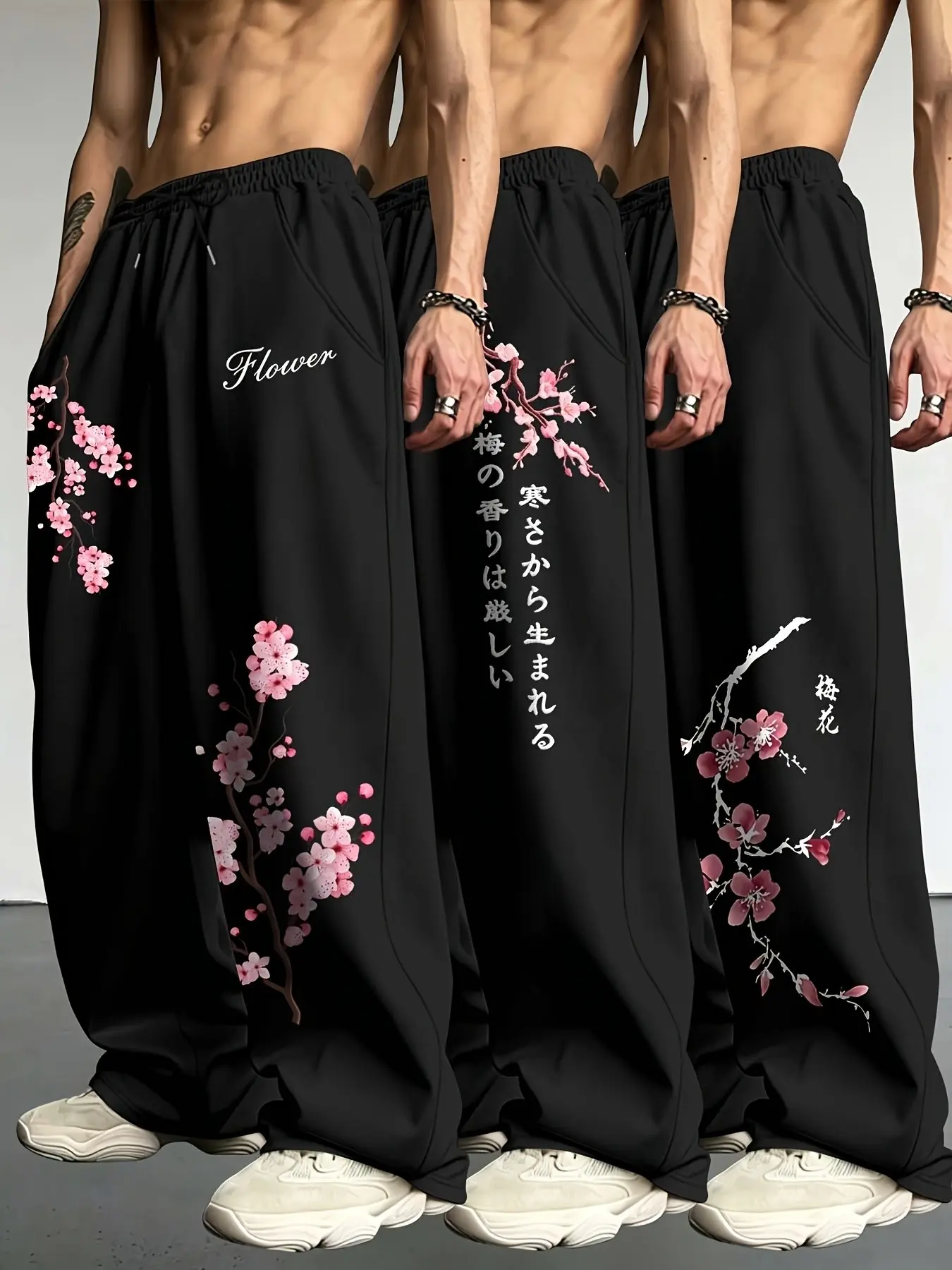 Graphic Plum Blossom Printed Black Joggers with Japanese Text Elastic Waist Loose Track Pants for Men Skater Boy Aesthetic Hip Hop Streetwear