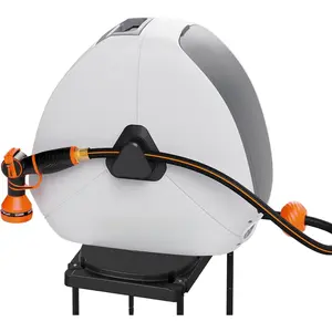 Retractable Hose Reel with 1/2 Inch x 100FT, Heavy Duty Ground Mount Garden Hose Reel, Automatic Rewind,with 9-Function Sprayer Nozzle & Flexible Swivel Base