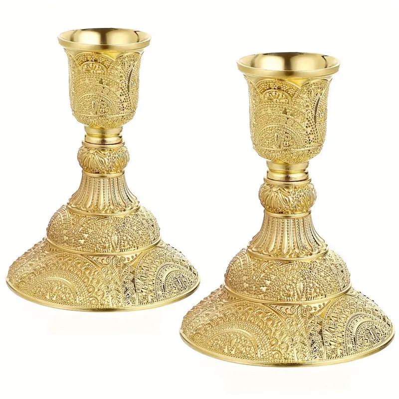 Set of 2 Golden Cone-shaped Candles with Relief Carvings; in a Bohemian-Moorish style, suitable as antique decorations for dining tables, fireplaces, weddings, and as centerpieces on home tables.
