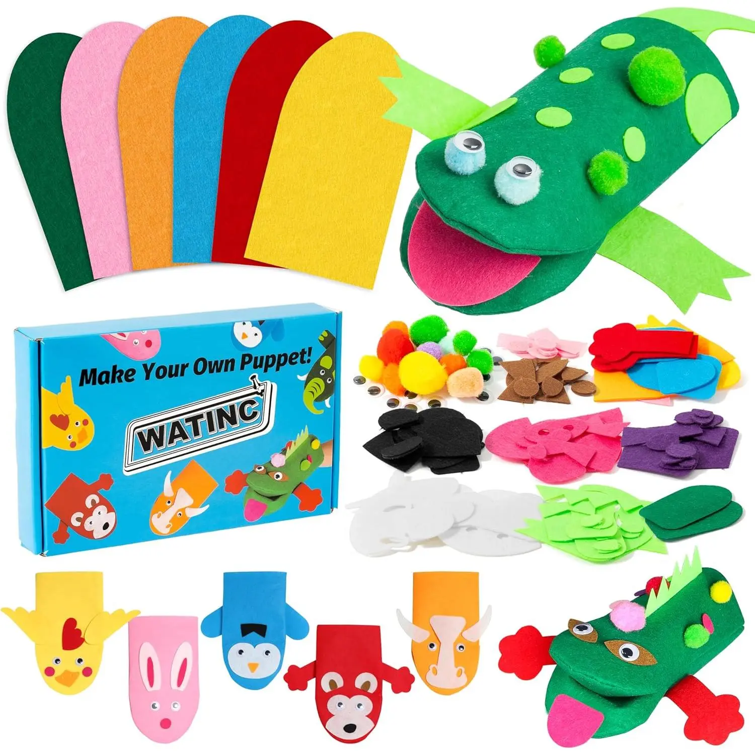 Hand Puppet Making Kit, Felt Sock Puppet Toys for Kids (Animals) | 6 Styles, Make Your Own Storytelling & Role Play Crafts, Creative Group Activity, Party Favors & Gifts for Kids Ages 4-8