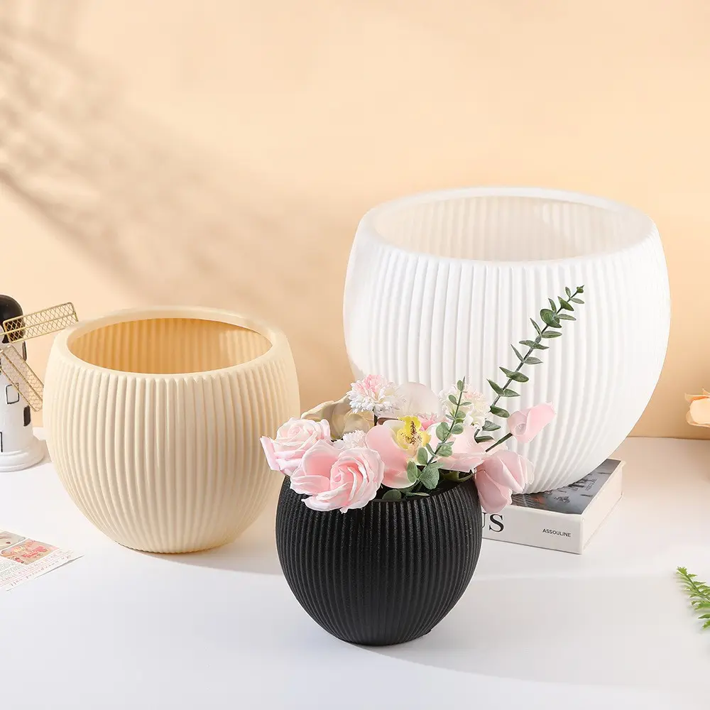 Large Vertical Striped Floor Planter, Artificial Greenery Decorative Plastic Pot, Home Garden Office Plant Care Container, Garden Planters