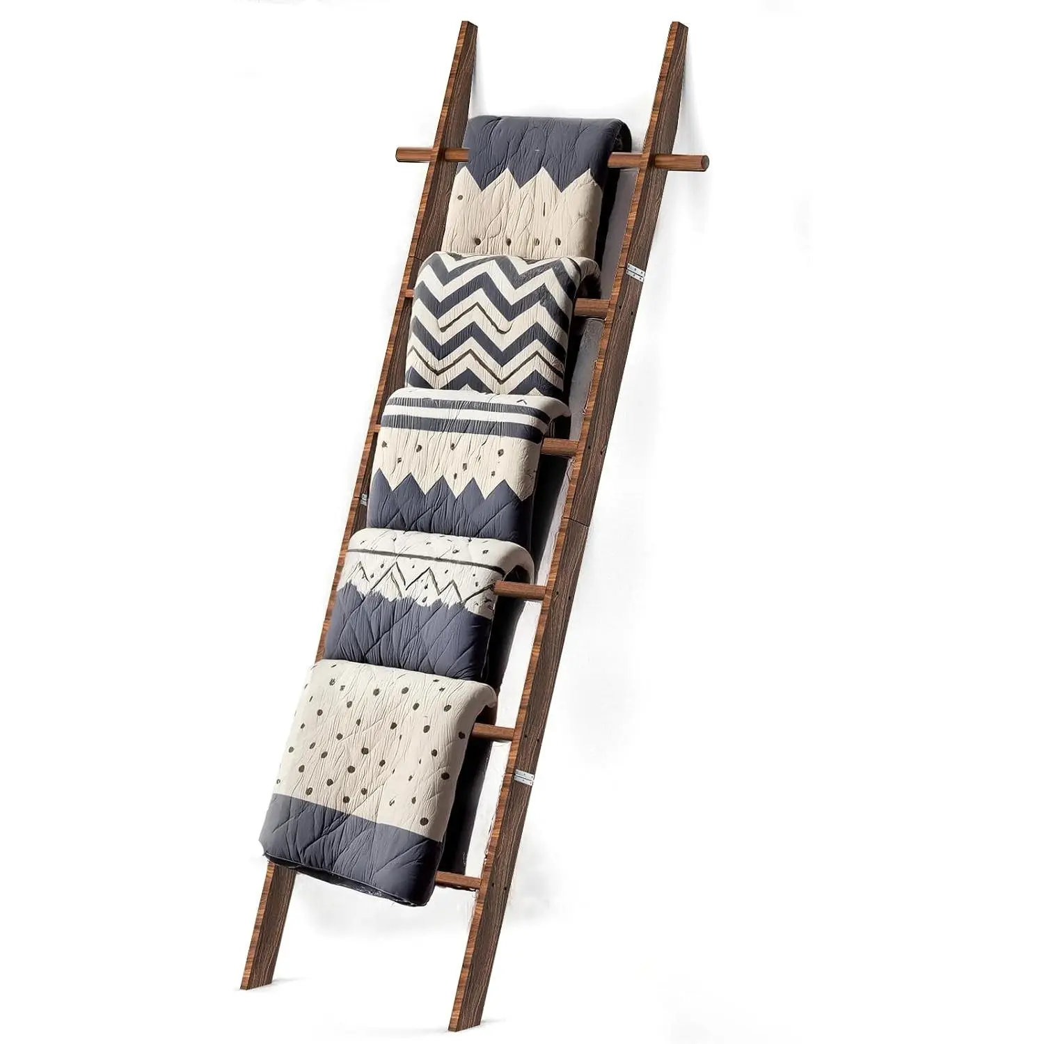 Farmhouse Wooden Blanket Ladder with Removable Hooks, 6-Tier Rustic Blanket Rack Decorative Stand, Leaning Towel Quilt Rack Holder for Bathroom Living Room Decor Brown