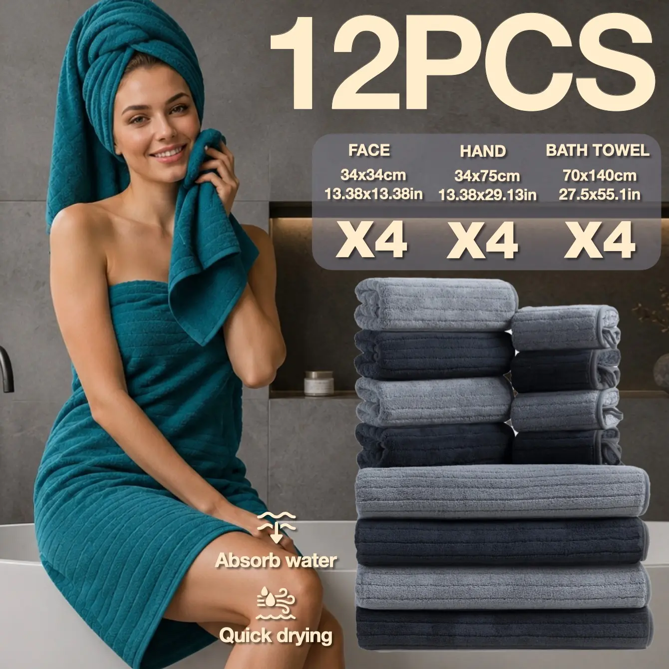 12-Piece Luxury Striped Bathroom Towel Set, Includes 4 Bath Towels & 8 Handkerchiefs, Super Absorbent Quick-Dry Microfiber Material, Quick Drying Towels, Bath Towel Sets