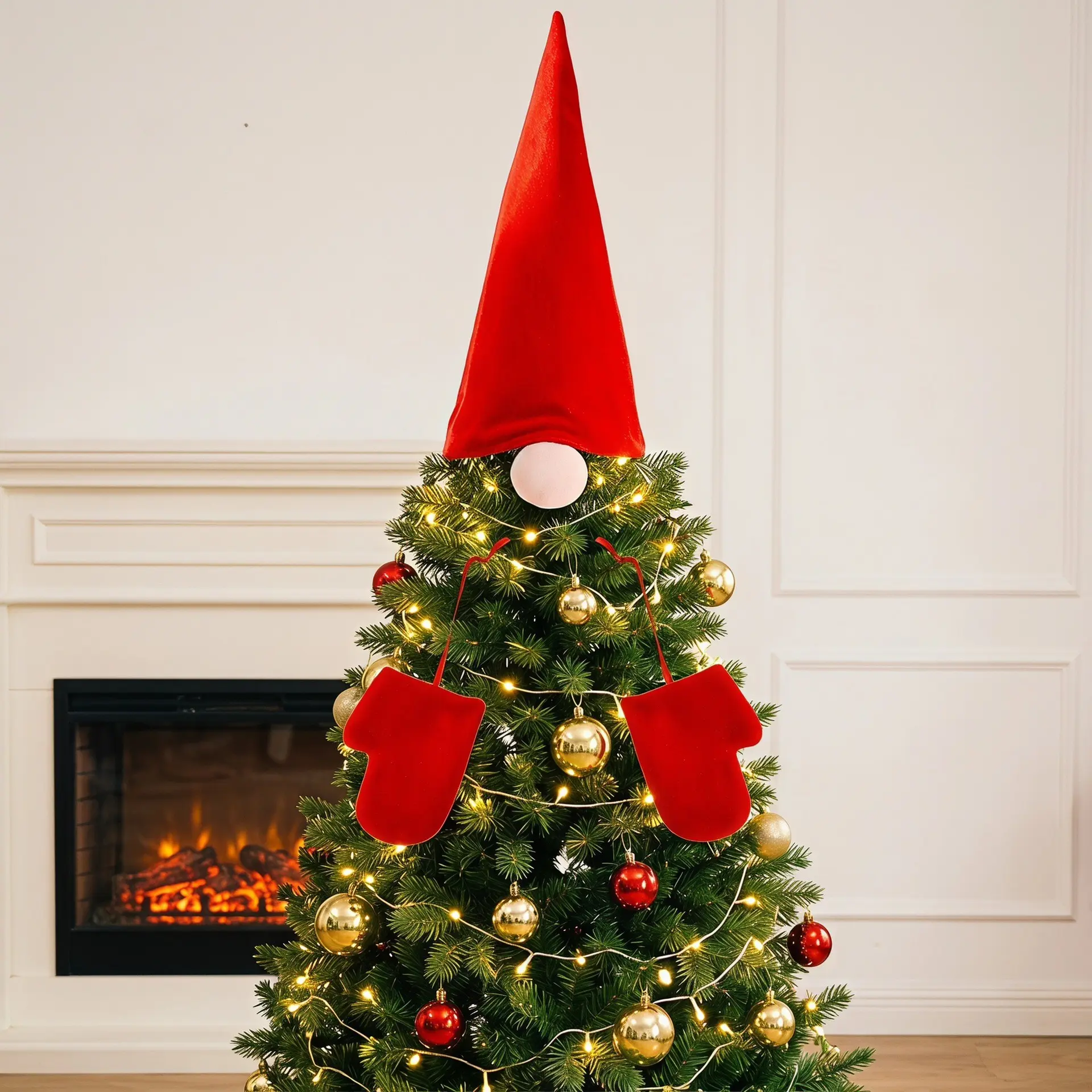 4-Piece Santa Hat Gloves Tree Top Home Decor Set, New Year Party Creative Hanging Ornaments, Christmas Tree Decoration