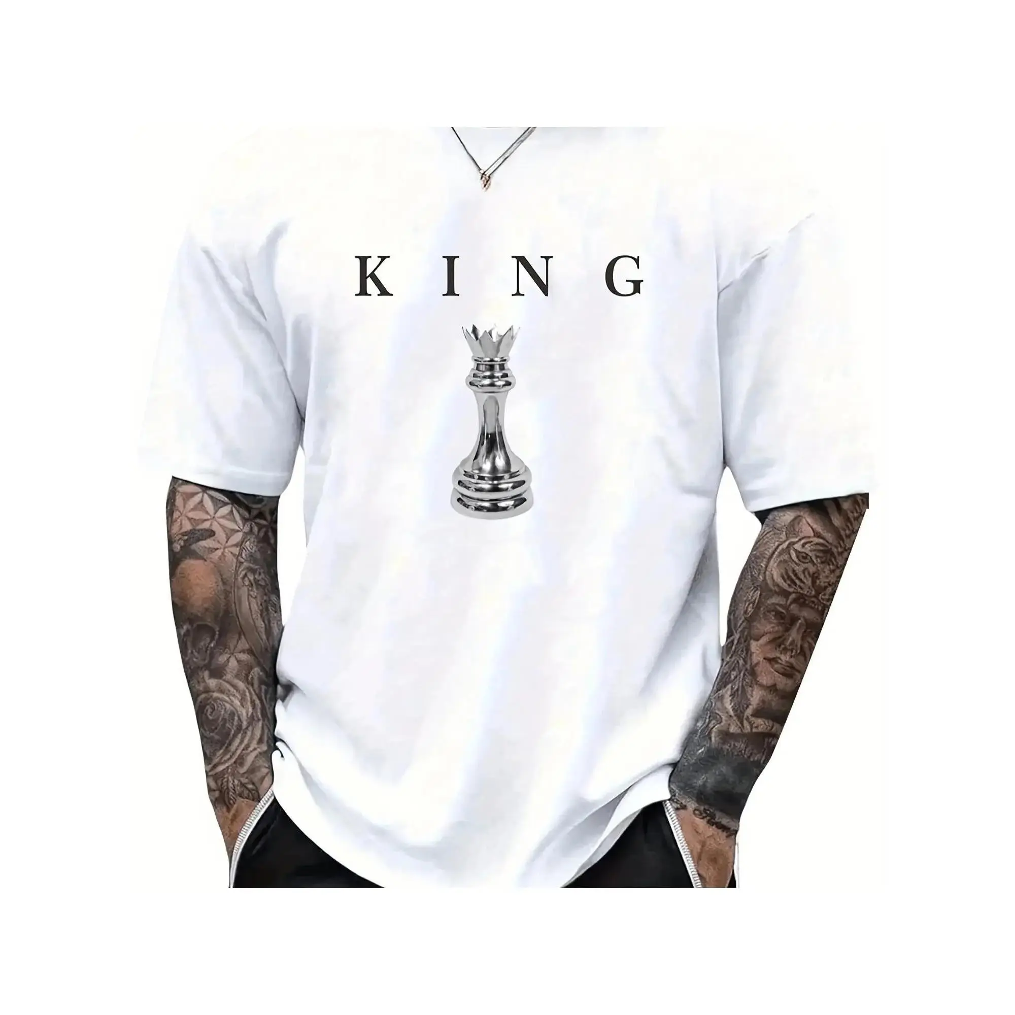 180G Heavy T-Shirt - Black with Chess King Design, Casual Short Sleeve Round Neck Shirt