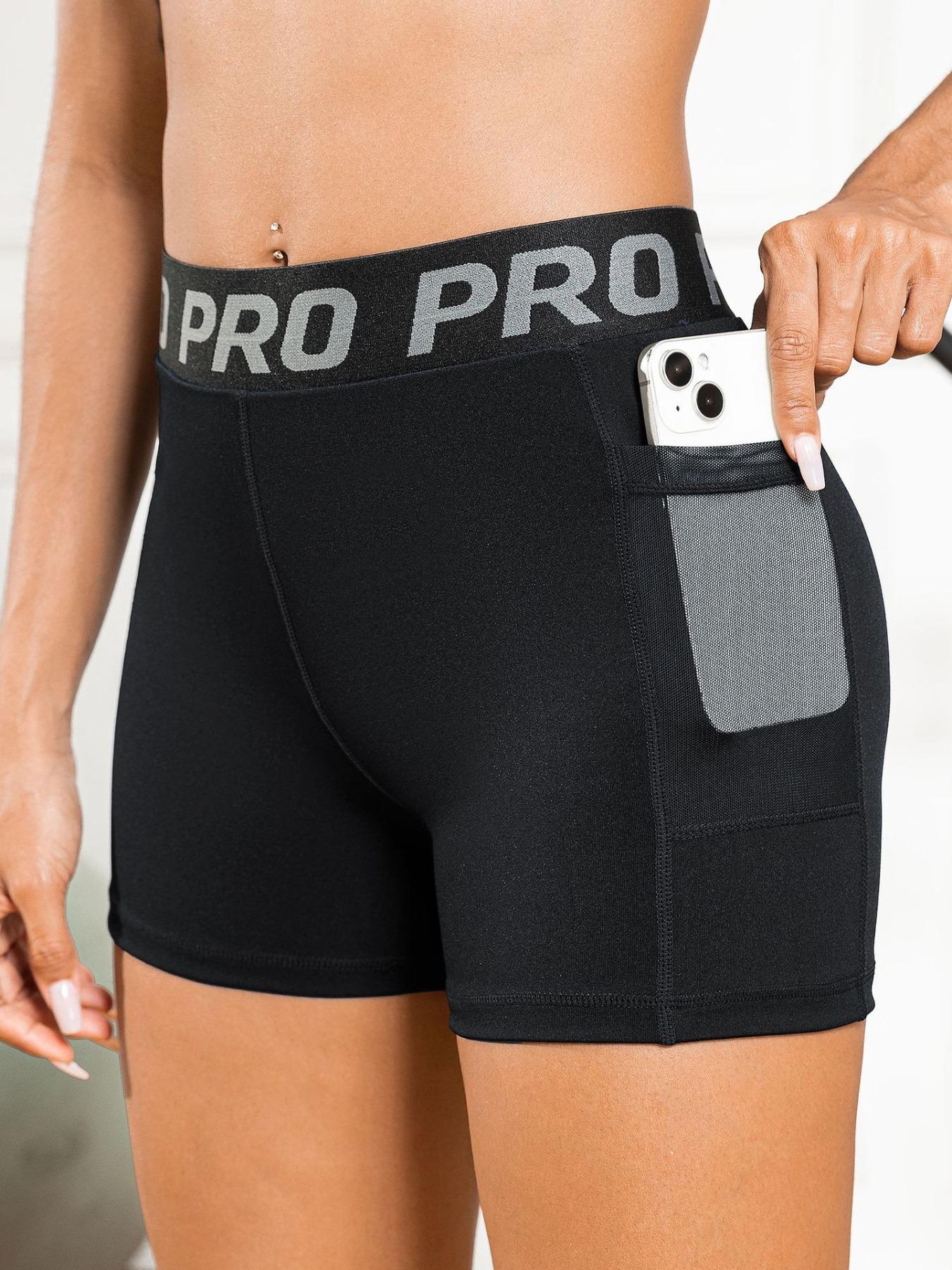 Women's Letter Tape High Waist Sheer Pocket Design Sports Gym Shorts, Casual Breathable Quick Drying Skinny Shorts, Biker Shorts, Ladies Sportswear for Indoor Outdoor Wear, Fall Outfits, Fallfreshness, Gym Clothing, Side Pocket Shorts