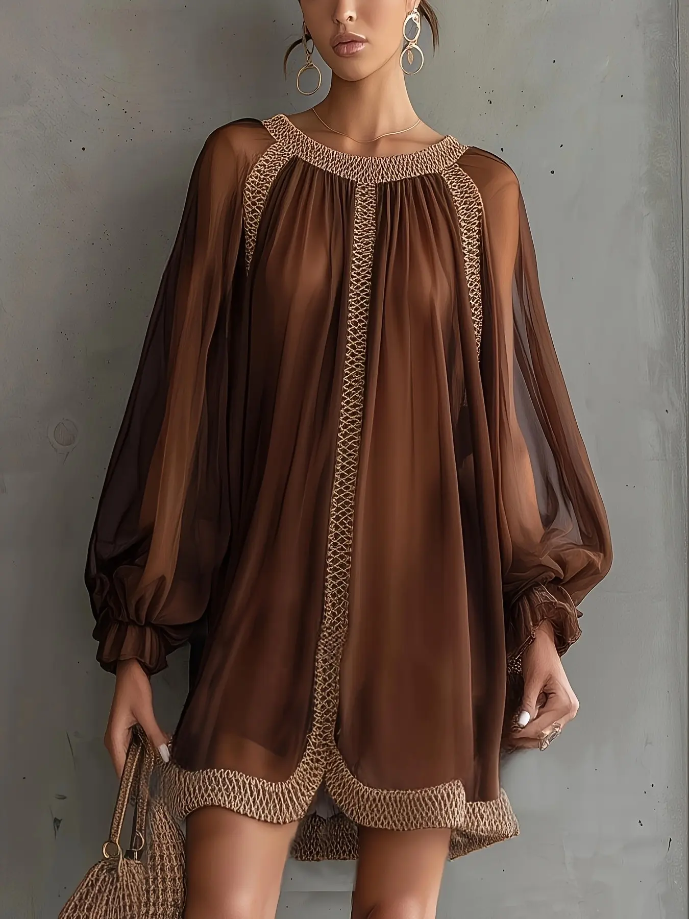 Chic Chiffon Dress, Round Neck Lantern Sleeve, Loose A-Line Short Skirt, Boho Style, Summer, Perfect for Beach Vacation, Picnics, Casual Gatherings