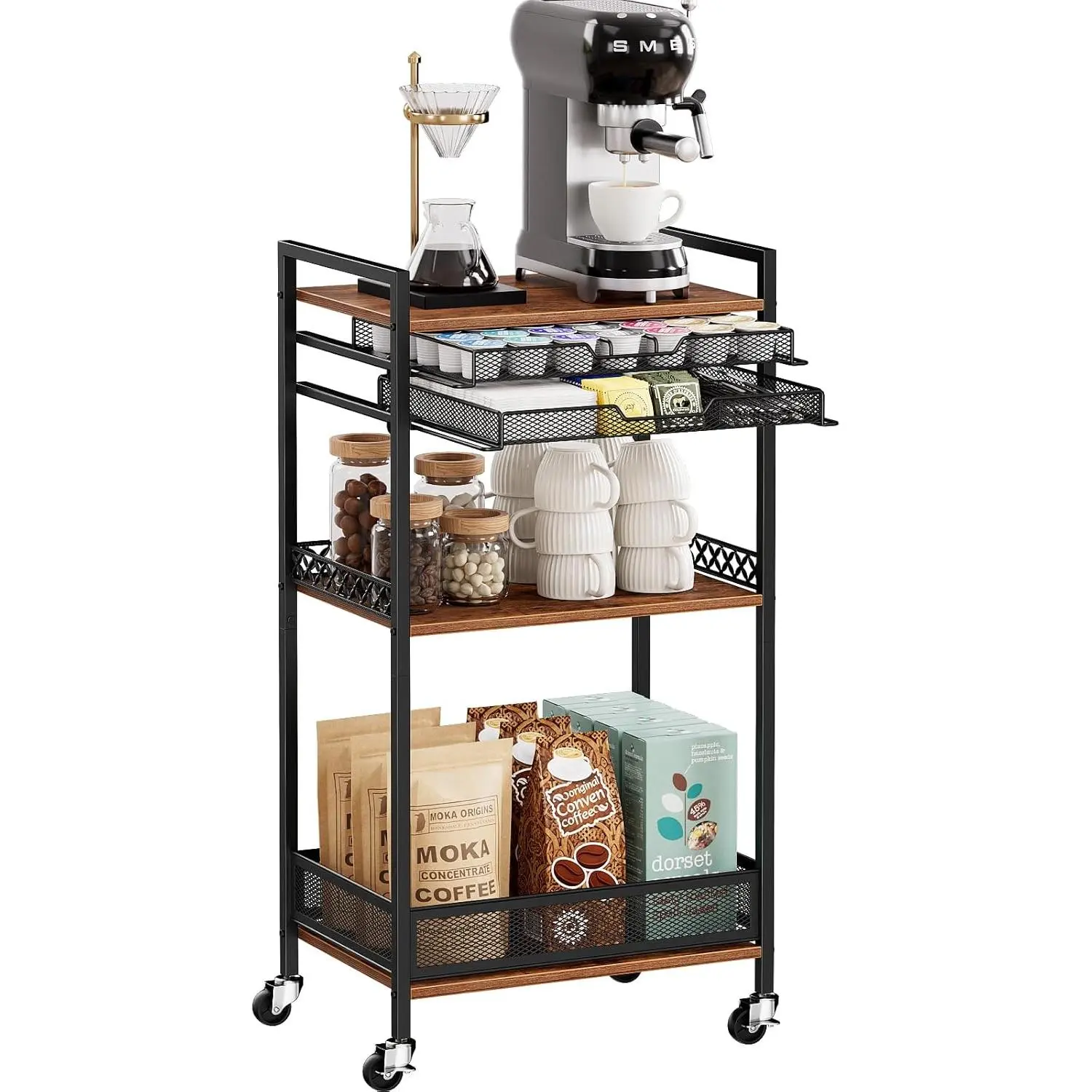K Cup Holder Coffee Cart, 5 Tier Coffee Station Organizer with Wheels, Coffee Pod Holder Coffee Bar Organizer Accessories, Multi-Functional Cart for Living Room, Kitchen, Breakfast Nook
