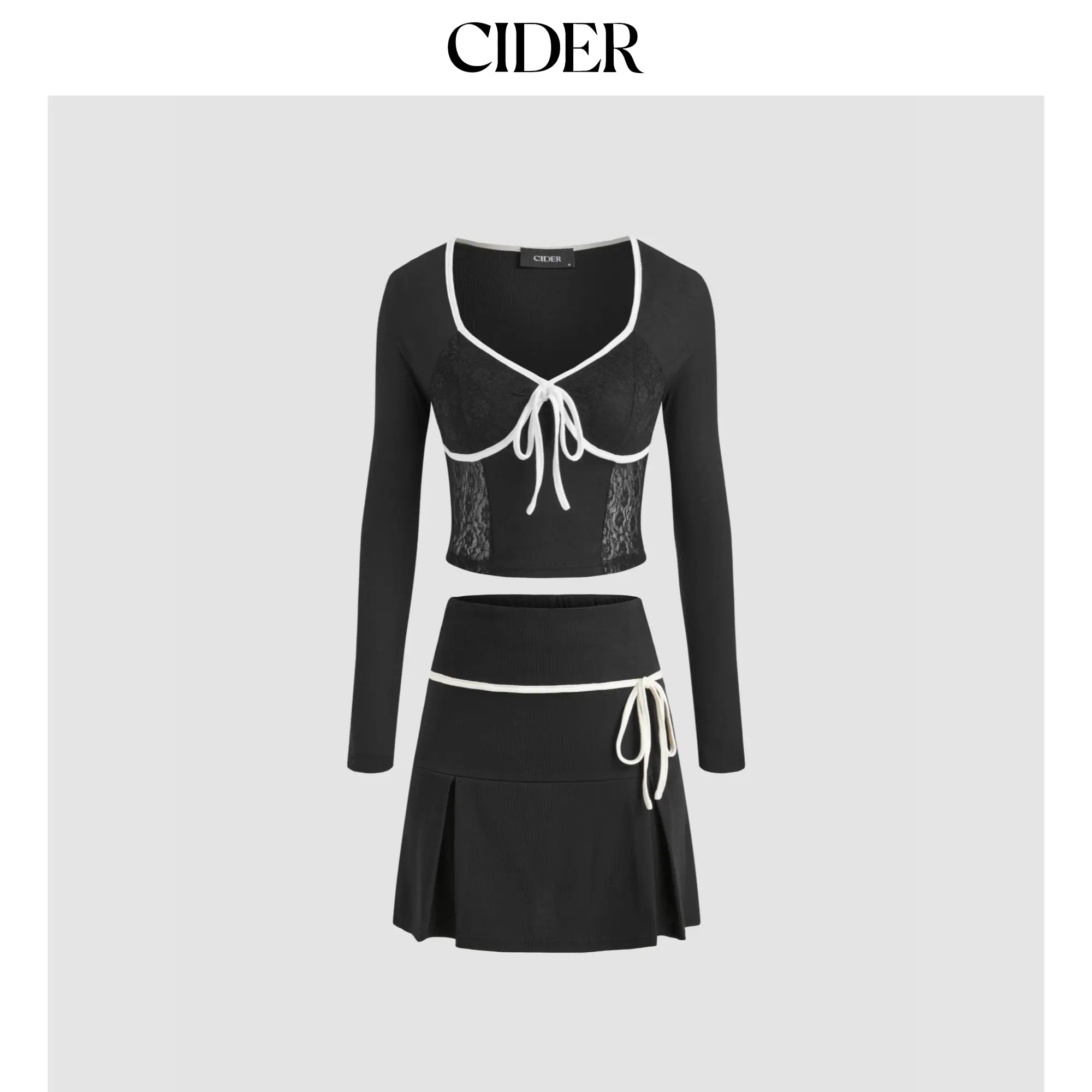 Cider [size 2-26] Bowknot Contrasting Binding Lace Crop Corset Top & Pleated Skirt