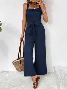 Women's Linen-Feel Halter Jumpsuit, Vacation Style Waist-Cinch Slimming Wide-Leg Pants, Beach Casual, 1 Piece