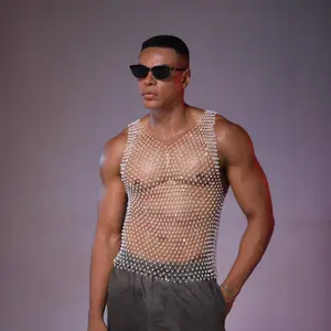 Men's Fitted Tank Top, Shiny Diamond Mesh Transparent Clubwear for Nightclub Parties and Stage Performance