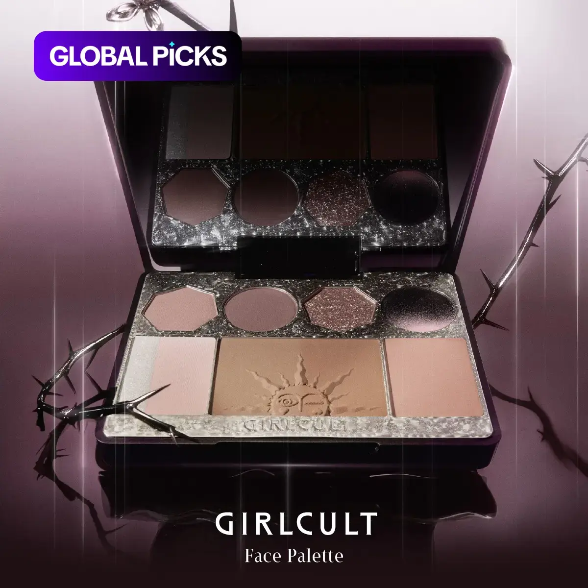 GIRLCULT Brown-Purple Eyeshadow Blush Contour All-In-One Palette, featuring purple glitter, matte black-brown eyeshadow, brown contour and pink-silver fine shimmer highlight, Radiant Glow, Makeup Beauty Cosmetics Products #GLOBAL PICKS