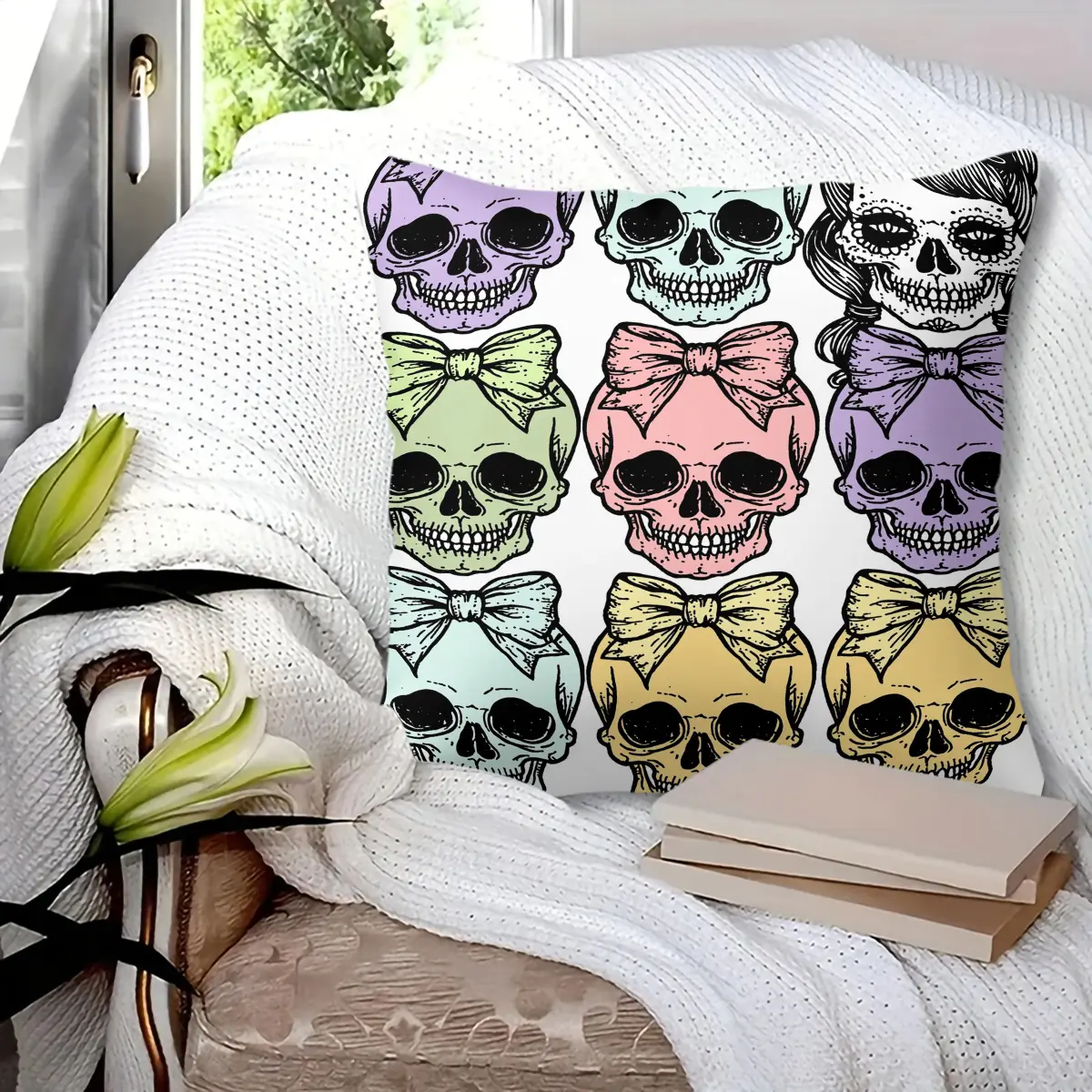 45x45cm 1Pc Girly Pastel Goth Skull Bow Throw Pillow, Soft Fluffy Cozy Durable Cushion, Perfect for Bedroom, Living Room, Sofa Home Decor, Great as Halloween or Daily Small Gift, Stylish Home Decoration Accessory