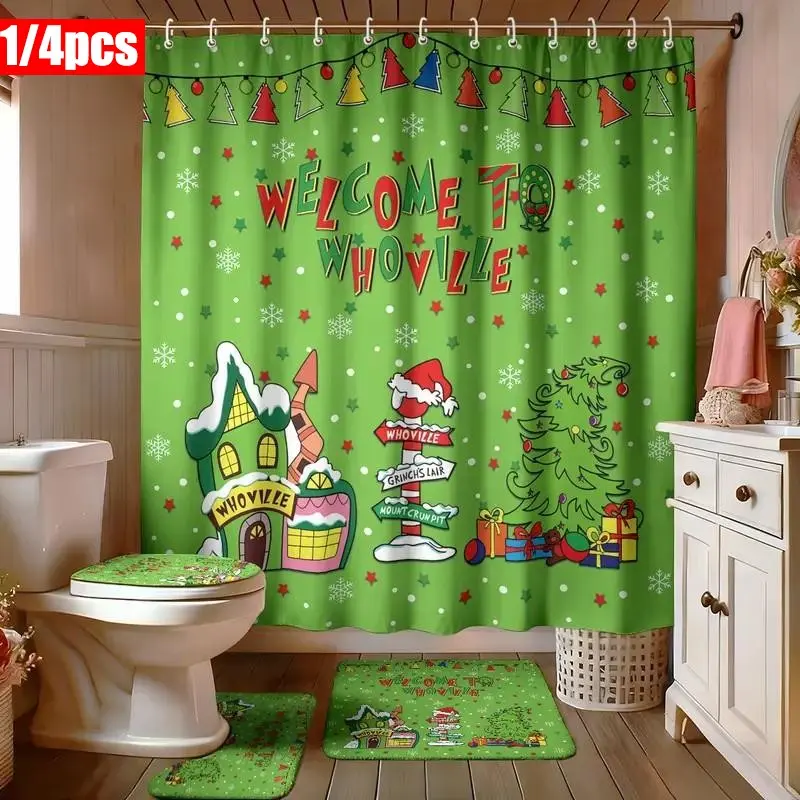 1/4pcs Christmas-themed shower curtain set with cottage and signpost designs, includes a non-slip mat, U-shaped rug, and toilet seat cover, for bathroom decoration, with 12 hooks, Shower curtain set with rugs