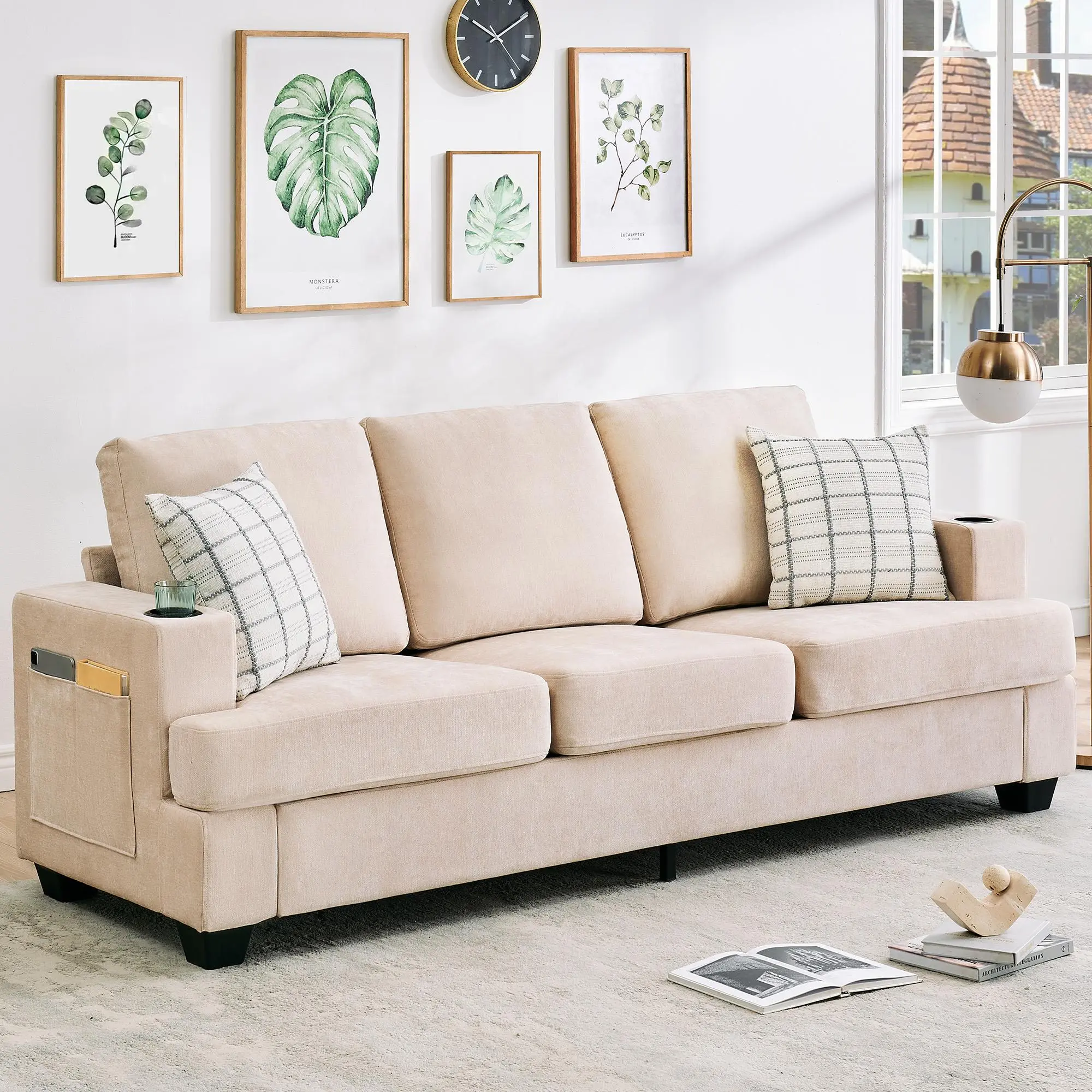 89-Inch 3-Seater Sofa Couch for Living Room, Modern Loveseat Sofa with Deep Seat, Cup Holders & Side Storage Pockets, Chenille Upholstered Lounge Sofa for Apartment, Dorm, Beige